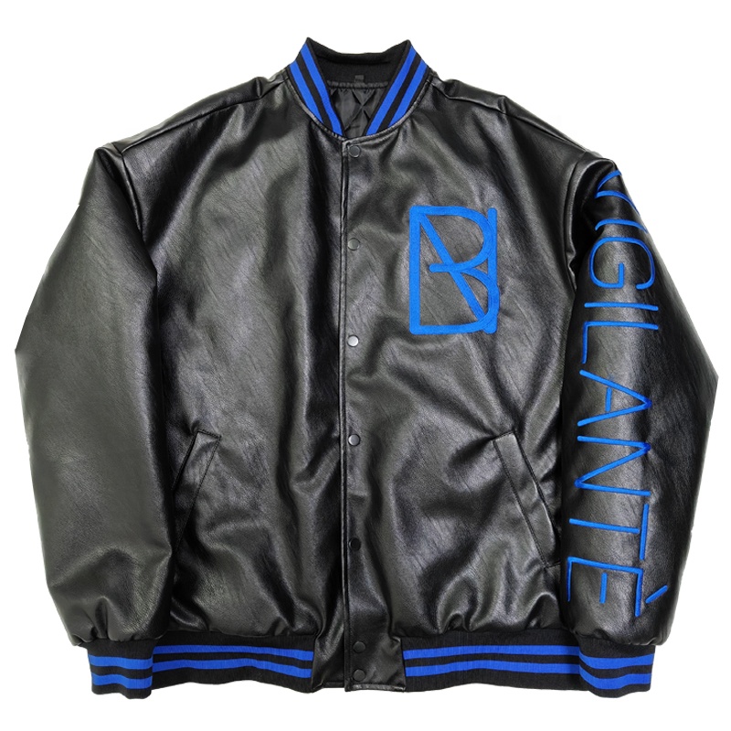 Round-neck embroidered leather jacket