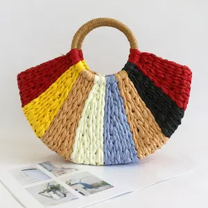 New Collection Eco Handmade Rattan Woven Straw Tote Bag With Rainbow Colors Half Moon Shaped HandBag