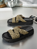 Sandales compensées vintage style urbain à boucle léopard pour femme, semelle épaisse, tige en tissu, semelle extérieure en caoutchouc, confortables pour l'été