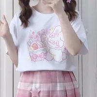 T-Shirt Kawaii à manches courtes pour femme, Streetwear, Style Kpop coréen, imprimé mignon, haut blanc