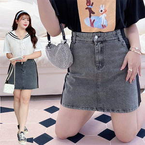 กระโปรงยีนส์ Runqi N8088 สีเทาควันบุหรี่ ทรงพลัสไซส์สำหรับผู้หญิง แต่งสีบล็อก ผ้าฝ้ายเนื้อแน่น เอวธรรมชาติ - Product Image 5