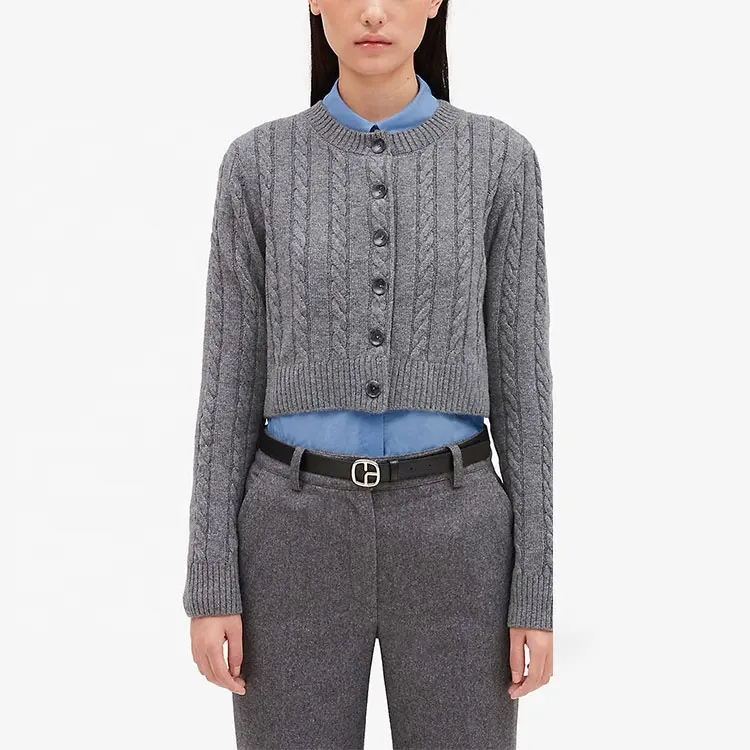 knitwear factory custom grey crop top elegant casual crew neck cashmere wool sweater tops for women knit sweater cardigan