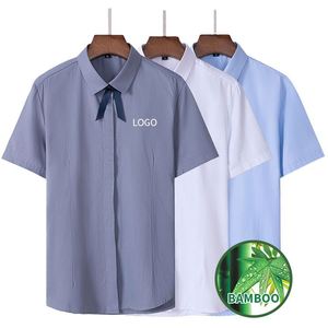Chemises formelles d'été anti-plis personnalisées avec logo brodé OEM pour hommes en coton/fibre de bambou à manches courtes - Product Image 1