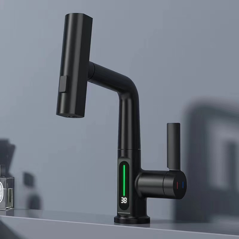 Black pull-out faucet with water inlet pipe