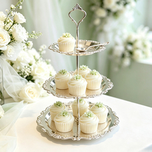 2/3-laags vintage geëmbosseerde verzilverde taartplateau van ijzer en zinklegering, Europese dessertpresentatiehouder voor bruiloften en feesten - Product Image 6