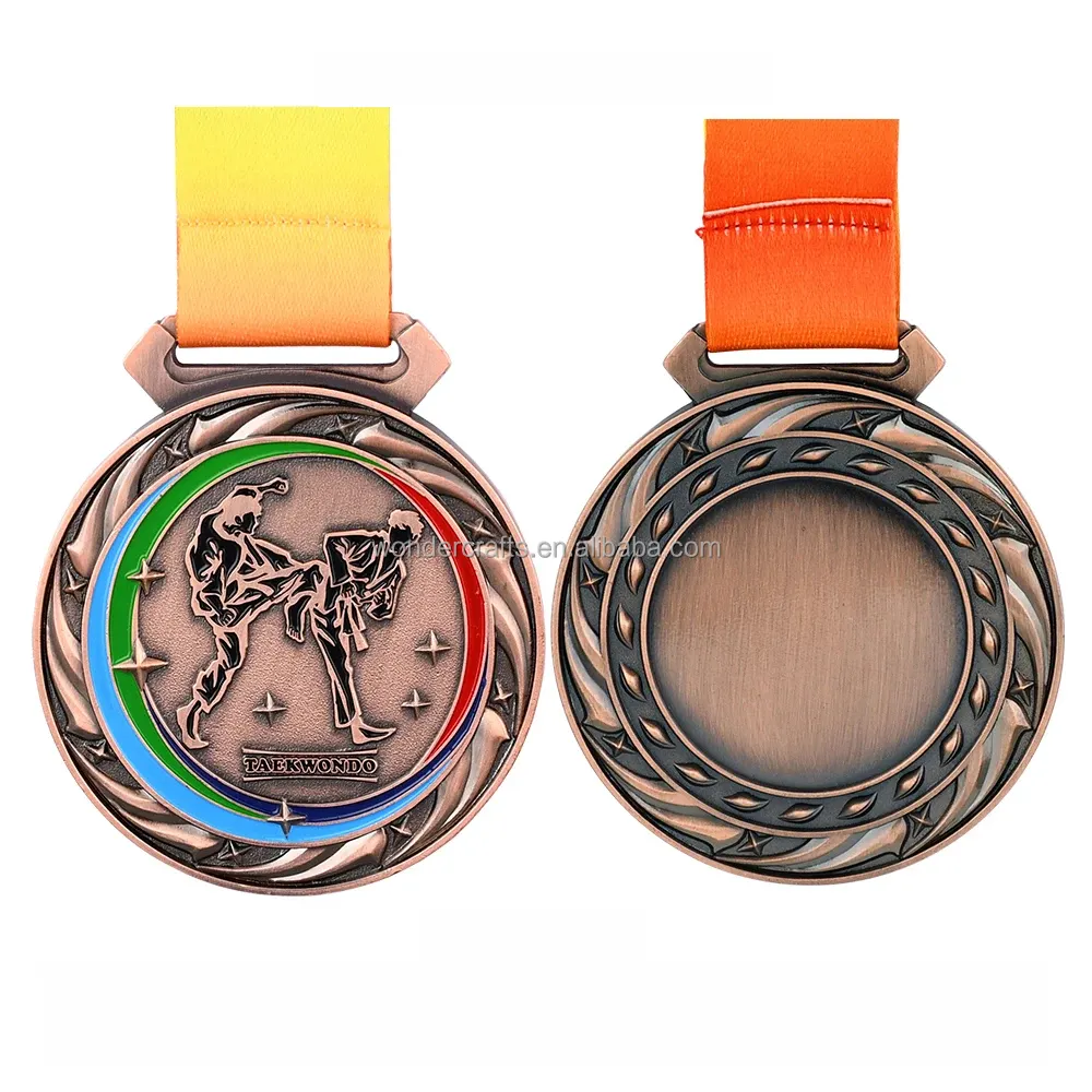 WD Customized Personalised high quality luxury india 3d metal gold sports wtf itf taekwondo medals and trophies with ribbon