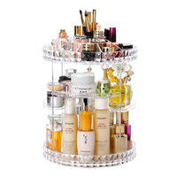 Kotak Penyimpanan Kosmetik Putar Plastik PS Bulat Transparan Organizer Mengkilap Multifungsi Tempat Makeup
