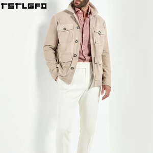 Oem Odm <b>Suede</b> Field <b>Jacket</b> <b>Men</b> Taupe Stand Collar Four Pocket Windbreaker Streetwear Outerwear Manufacturers Bulk - Product Image 2