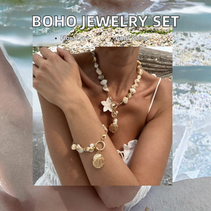 New Arrival Bohemian-Style Trendy Flower Pattern Imitation Pearl Gold Plated Alloy Necklace Earrings <b>Bracelet</b> <b>Set</b> for Women - Product Image 3