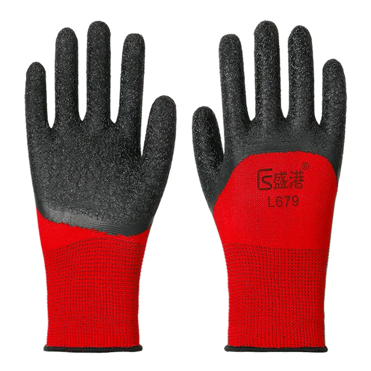 13 Gauge Red Polyester Liner Black Latex Coated Anti Slip Wrinkle Work Safety Gloves Nitrile Garden Glove