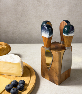 <b>Wood</b> Cheese Knife Set 4-Piece With Blue Resin Handles And Wooden <b>Block</b> Stand For Serving - Product Image 1