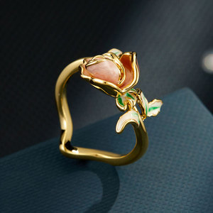 <b>Sweet</b> Elegant Rose Open Ring For Women Vintage Flower Design <b>Party</b> Jewelry Index Finger Ring Gold Tone Pink Enamel - Product Image 4