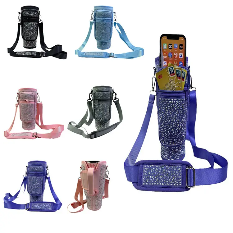 Bling Shiny Rhinestone Neoprene 30 40oz Water Bottle Carrier Sleeve Pouch Tumbler Stanleydrink Cup Sling Bag Zipper Phone Pocket