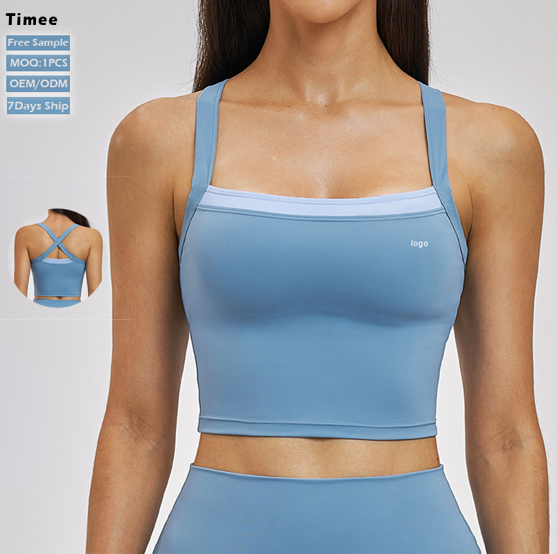Custom Logo Square Neck Cross Back Sports Bra High Elastic Breathable Gym Workout Crop Top Activewear for Women Yoga Tank Top