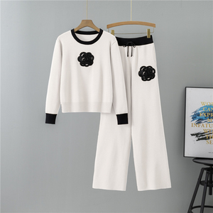 Nuovo Set Autunnale da <span class=keywords><strong>Donna</strong></span> in Maglia, Pantaloni a Gamba Larga, Maglione Elegante e Alla Moda, Completo Sportivo Casual a Due Pezzi - Product Image 2