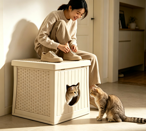 Casa para gatos de plástico con forma rectangular impermeable y resistente a la intemperie, casa para gatos apilable para interiores y exteriores, casas prefabricadas - Product Image 6