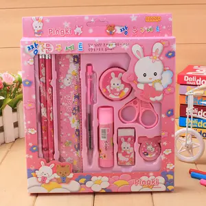 Cartoon Ontwerp Kawaii Leuke Gift Potlood Gum Liniaal Puntenslijper Solid Gum Balpen 9 In 1 Multi Kinderen Kids Briefpapier set