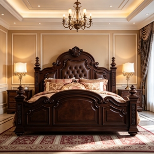Bodenbett im Traditionellen Heritage-Stil, Geschnitztes Holzbett mit Hoher Rückenlehne, Diamant-Knopfheftung, Cremefarbenes Leder, Kingsize-Bett, Wohnmöbel - Product Image 3