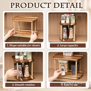 Wooden Double Layer <b>Rotating</b> Storage <b>Rack</b> For Canned Food <b>Spice</b> Organizer Countertop Multifunctional Kitchen <b>Rack</b> - Product Image 3