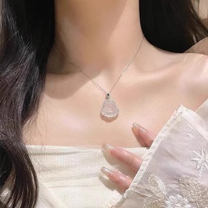 Chinese Style Buddha Pendant Necklace Chalcedony Teardrop Shape Bezel Setting Clavicle Chain Everyday Wear Fine Jewelry - Product Image 3