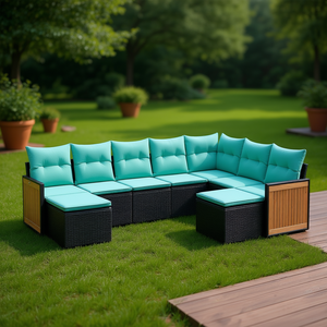 Ensemble de canapés de patio en polyrotin noir avec coussins, 9 pièces, mobilier de jardin extérieur, design contemporain, panneaux en teck - Product Image 2