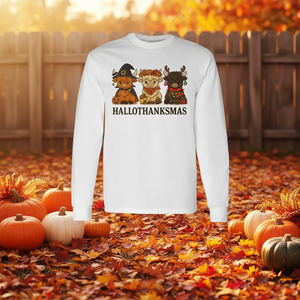 Camiseta de manga larga con diseño de ternos de vacas Highland de Hallothanksmas, diseño de Halloween y Acción de Gracias - Product Image 3