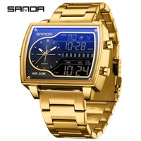 Montre-bracelet sport numérique électronique à quartz Sanda 6163 pour homme, étanche, en acier inoxydable et cuir, avec compte à rebours