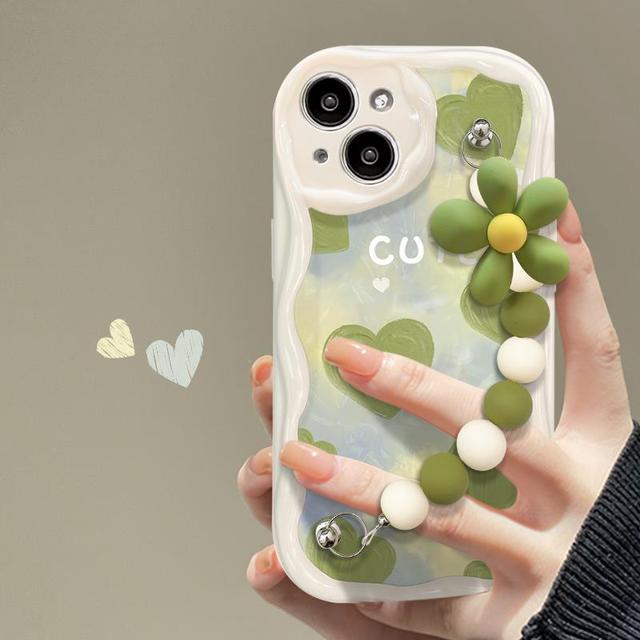 Cute Couple Oil Pain Lovely Heart Wave Border Phone case for iPhone 16 15 14 13 12 Pro Max with Green Flower Bead Chain Cover