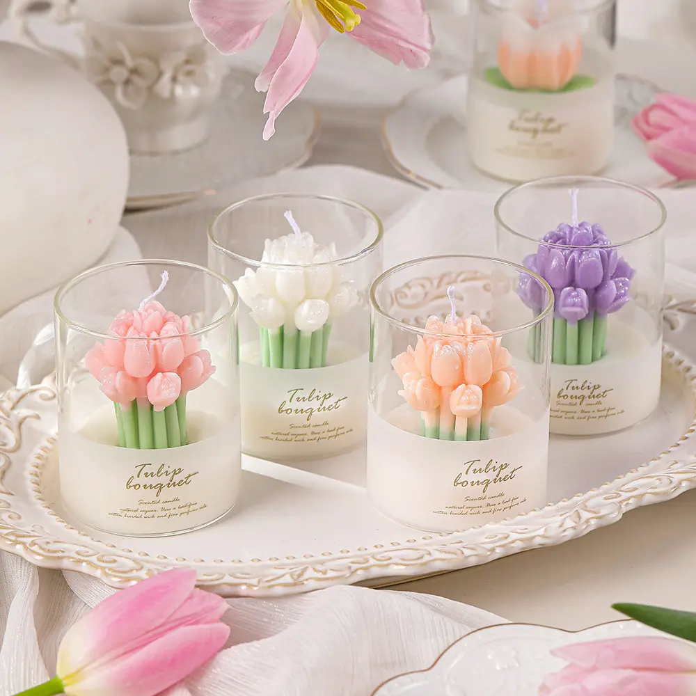 Vela de vidro luxuosa para presente de Dia dos Namorados buquê de flores tulipas fragrância aroma