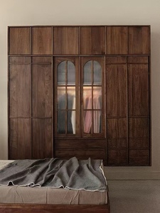 Armario con Puerta Corredera de Nogal Negro, Mueble de Dormitorio Nórdico Multifuncional de Madera Maciza, Armario de Almacenamiento de Ropa Personalizable - Product Image 5