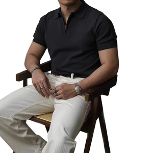 Polo homme personnalisé en maille de soie glacée, coupe ajustée, col zippé, manches courtes, demi-zip, mode de luxe estivale - Product Image 6