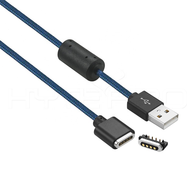 Blue Self-mating braided 4 pogo pin connector magnetic charging USB cable line with 5V/2A