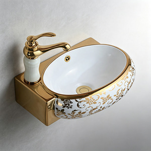 Lavabo mural ovale en céramique plaqué or style Moyen-Orient, gain de place, pour hôtel et usage domestique - Product Image 3