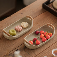 Panier de service ovale en céramique avec poignées en corde tressée, en grès beige mat, pour fruits et pain, décoration de table à thé Japandi