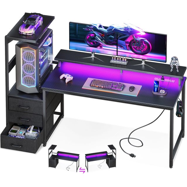 59 Inch Durable Wood Gaming Desk Space Saving Reversible Computer Table with Adjustable Convertible Ergonomic Monitor Stand