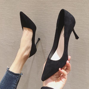 Zapatos de Tacón Alto con Punta en Pico, Estilo Francés, Negros, con Pedrería, Tacón Mediano, Parte Superior de Gamuza, Cierre con Cordones, Diseño Geométrico - Product Image 1