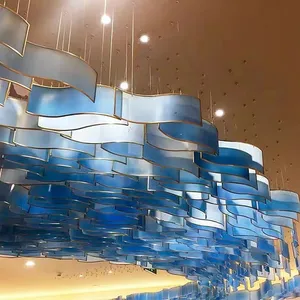 Sảnh khách sạn lớn dự án Trần treo trang trí màu xanh thủy tinh tùy chỉnh ánh sáng đèn chùm