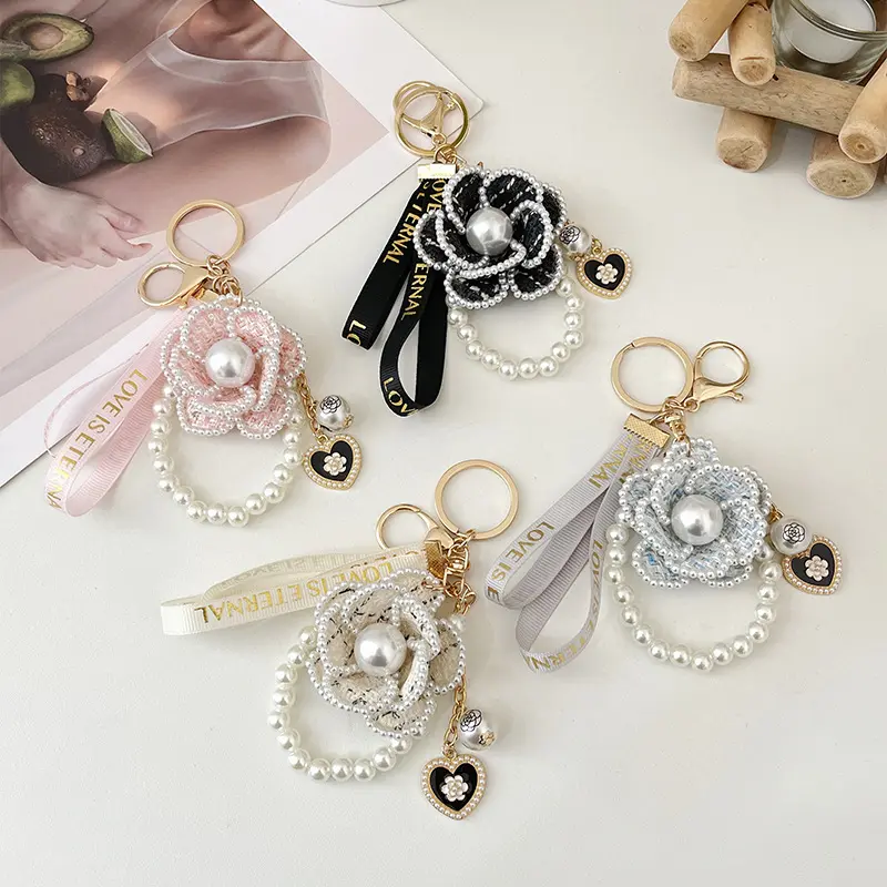 Camellia hoa tua Keychain cá nhân ngọc trai xe Keyring chủ Phụ Nữ Ví Túi Xách Túi Mặt dây chuyền quyến rũ