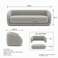 Canapé 3 places moderne en velours gris clair, canapé incurvé monobloc avec coussin indépendant, pour salon.