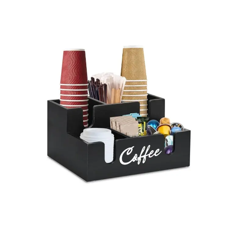 Wood 6 Compartments Coffee Station Organizer Coffee Cup Dispenser Lid Holder For Counter