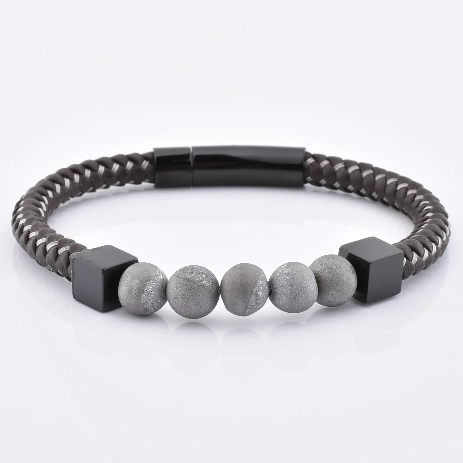 Handgemaakte Edelsteen Set Wrap Sieraden Grey Stone Gevlochten Bead Met Magnetische Sluiting Lock Lederen Natuursteen Armbanden
