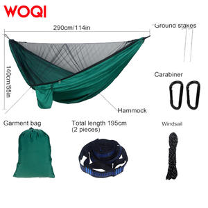 Hamaca doble para exteriores Woqi de 290 cm, de nailon, con mosquitera, ligera, para acampar, con mosquetón y estacas. - Product Image 1