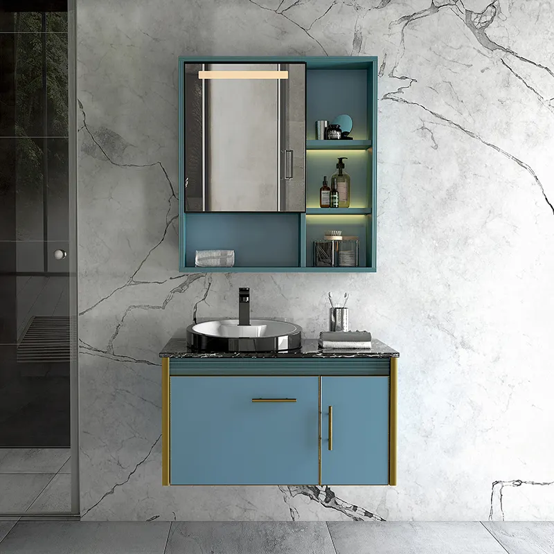 Nouveau Design de luxe plaque de roche comptoir en céramique lavabo armoire de couleur bleue armoire de miroir de salle de bains intelligente