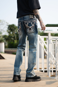 Stock Men’s Heavy Stitch <b>Embroidered</b> Straight Leg Denim <b>Jeans</b> Vintage Enzyme Washed <b>jeans</b> for men - Product Image 4