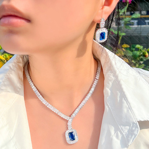 Bling Square Drop Königsblau Zirkonia Halskette und Ohrringe Frauen Party Schmuck Set für Hochzeit Bräute Kostüm zubehör - Product Image 2