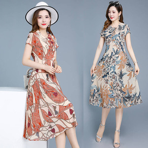 Floral Print Midi Dress O-Neck Natural Waist Polyester Casual Daily Wear For Middle Aged Women Plus Size - Product Image 1