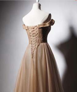 חרוזים למעלה קפה צבע בתוספת גודל קו נצנצים טול כבוי כתף המפלגה שמלות שושבינה שמלות - Product Image 6