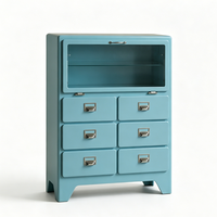 Lemari Laci Logam Retro Vintage 6 Laci Kabinet Penyimpanan Baja dengan 1 Pintu Kaca Modern Meja Rias Kamar Tidur Sideboard