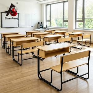 Bureau d'école double avec banc, panneau MDF E1 et structure en acier, ensemble <span class=keywords><strong>table</strong></span> et chaise pour salle de classe - Product Image 1