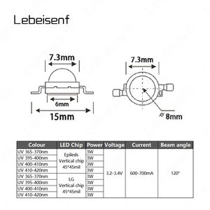 Lampu UV 365-420nm Manik-manik LED Daya Tinggi 3W Ultraviolet DC 3.<span class=keywords><strong>2</strong></span>-3.4V Braket Tembaga 120 Cahaya Biru Ungu 45mil Chip Vertikal 700mA - Product Image 2